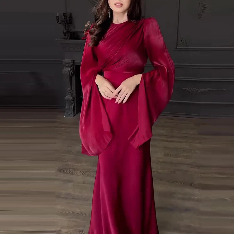 Women Fashion O-neck Hight Waist Long Dress Sexy Split Long Sleeve Solid Party Dress Elegant Mesh Patchwork Satin Evening Dress - NJN NATURES