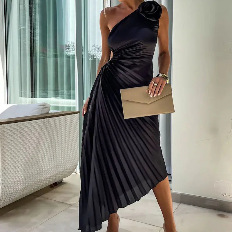 New Asymmetrical Hollow Sleeveless Long Dress Female Casual Off Shoulder Evening Dresses Fashion Floral Pleated Slim Party Dress - NJN NATURES