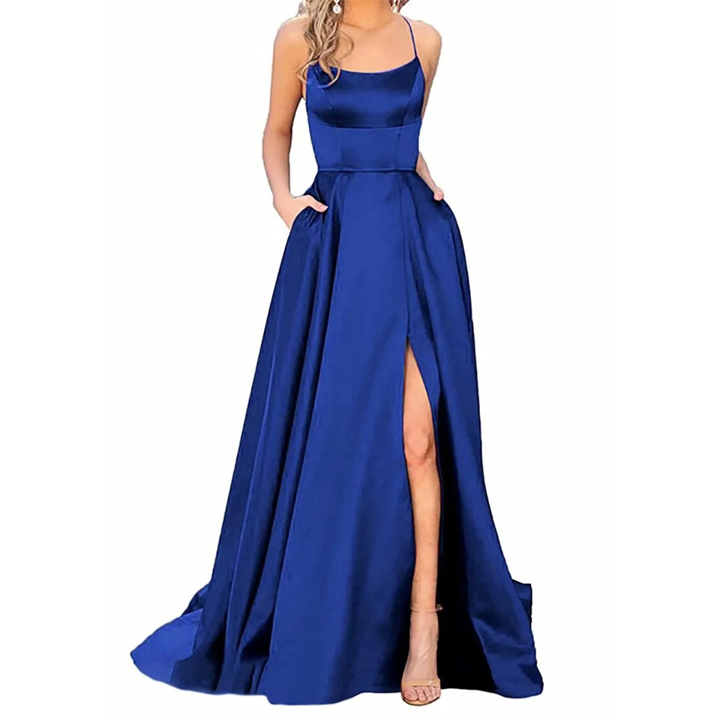 Elegant Hight Split Evening Maxi Dress Sexy Lace-Up Backless Long Dresses Navy Blue Sleeveless High Waist Party Dress - NJN NATURES