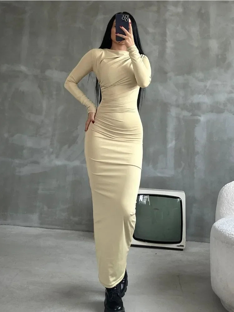 Tossy Pleated Long sleeved Slim Maxi Dress Women Solid Fashion Elegant Party Dress Gown Off-Shoulder High Waist Bodycon Dress - NJN NATURES