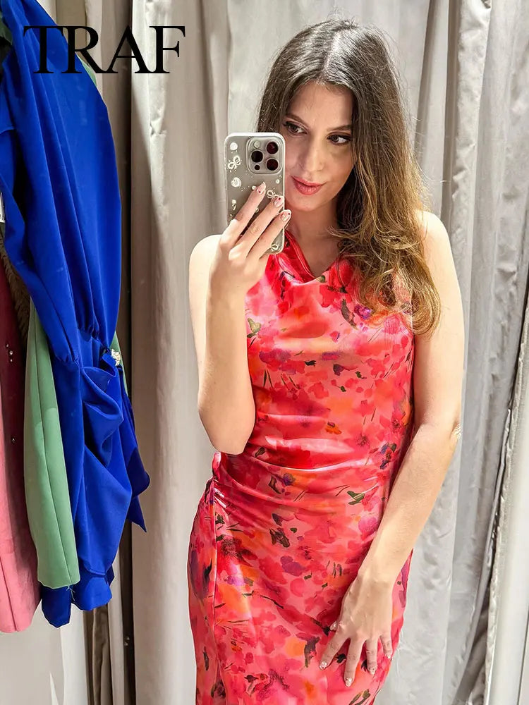 TRAF 2024 New Fashion Woman Vintage Sexy O-Neck Sleeveless Slit Hem Beach Party Dress Women Chic Print Ruffled Long Dress - NJN NATURES