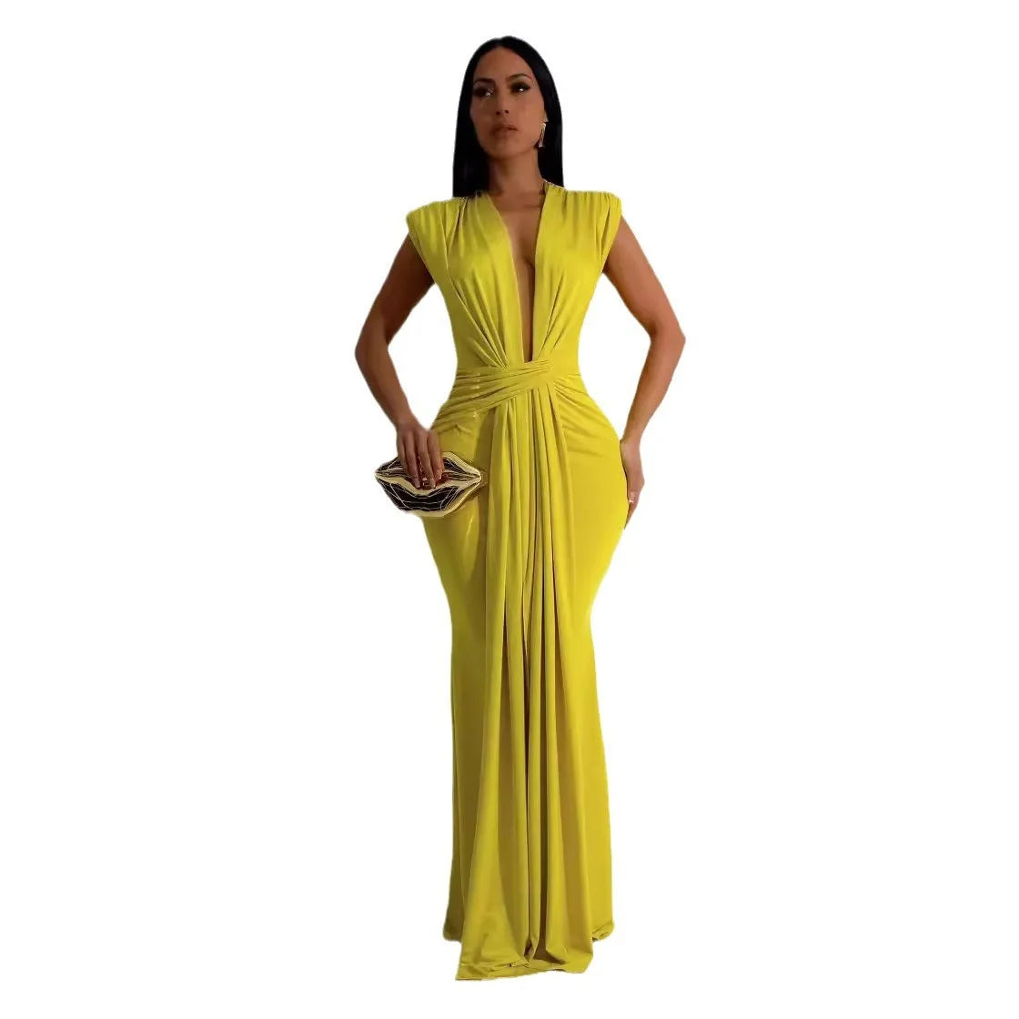 LKF Fashionable Party Dress Sleeveless Deep V Waist Sexy Solid Color Stretch Elegant MIDI Long Evening Dress - NJN NATURES
