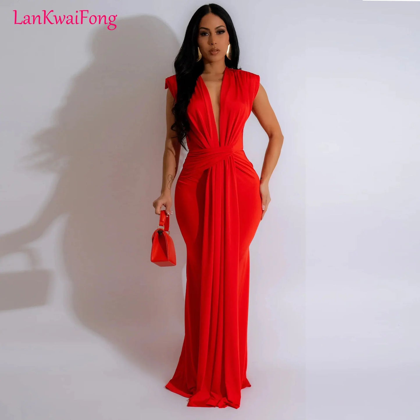 LKF Fashionable Party Dress Sleeveless Deep V Waist Sexy Solid Color Stretch Elegant MIDI Long Evening Dress - NJN NATURES