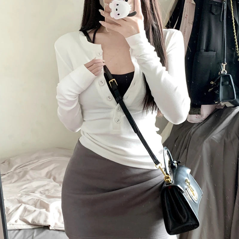 Xingqing y2k Grunge Tops Women Solid Color Slim Fit V Neck Long Sleeve Button Up T Shirt 2000s Fairycore Clothing Streetwear - NJN NATURES