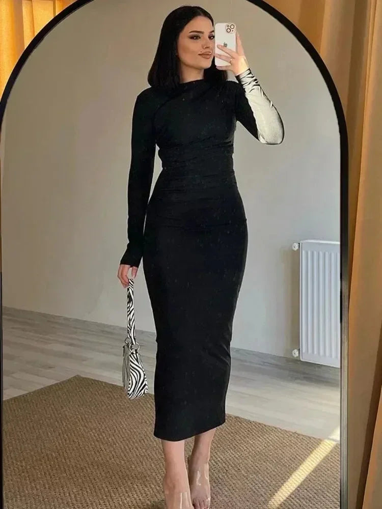 Tossy Pleated Long sleeved Slim Maxi Dress Women Solid Fashion Elegant Party Dress Gown Off-Shoulder High Waist Bodycon Dress - NJN NATURES