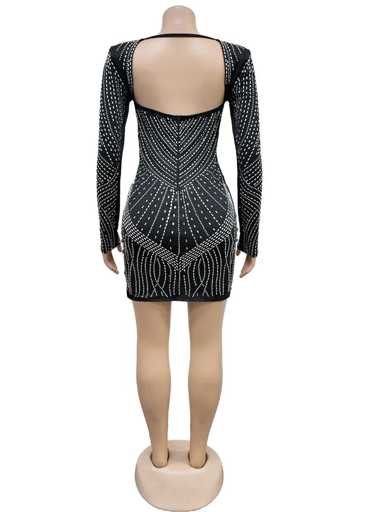 Kricesseen Sparkle Open Back Long Sleeve Diamonds Short Party Dress Glam Mesh Crystal Night Dresses Pink Outfits New Year Robes - NJN NATURES