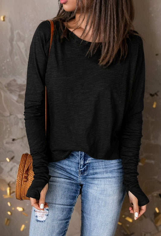 Spring & Fall New Arrival Black Simple Long Sleeve T-shirt Women's Thin Simple Fashion in Europe and America round Neck Pullover Bottoming Shirt Tops Women - NJN NATURES