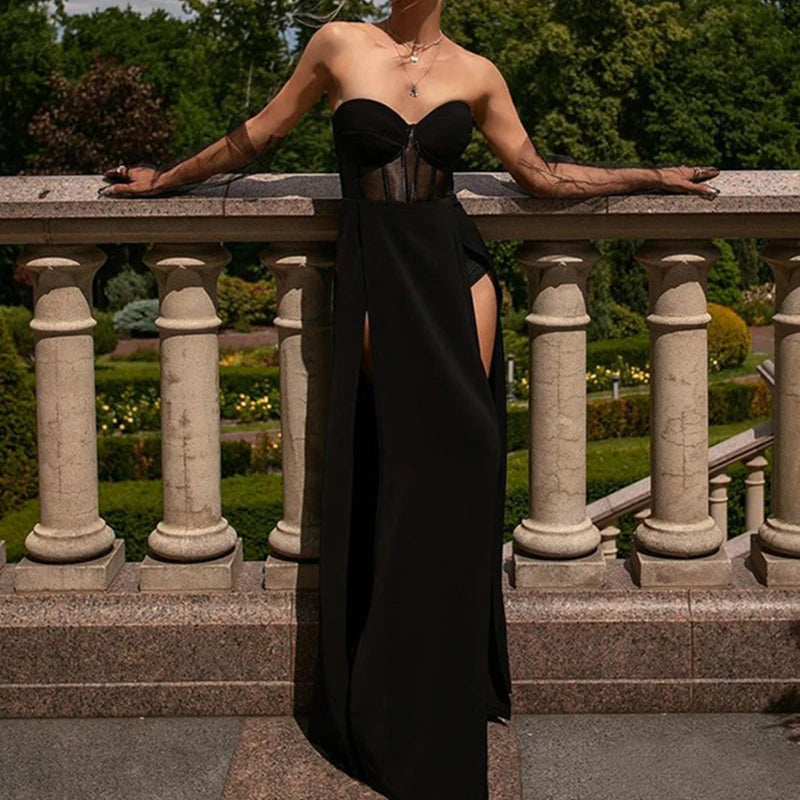 Sexy Mesh Patchwork See Through High Split Dress Women Sleeveless High Waist Slim Maxi Dress Elegant Club Evening Party Dress - NJN NATURES