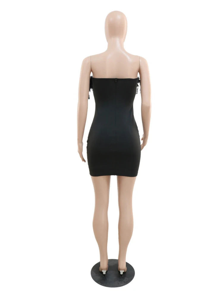 iDress Black Sexy Sequin Party Dress for Women Elegant Glitter Feather Short Dress Sheer Mesh Strapless Bodycon Mini Club Dress - NJN NATURES
