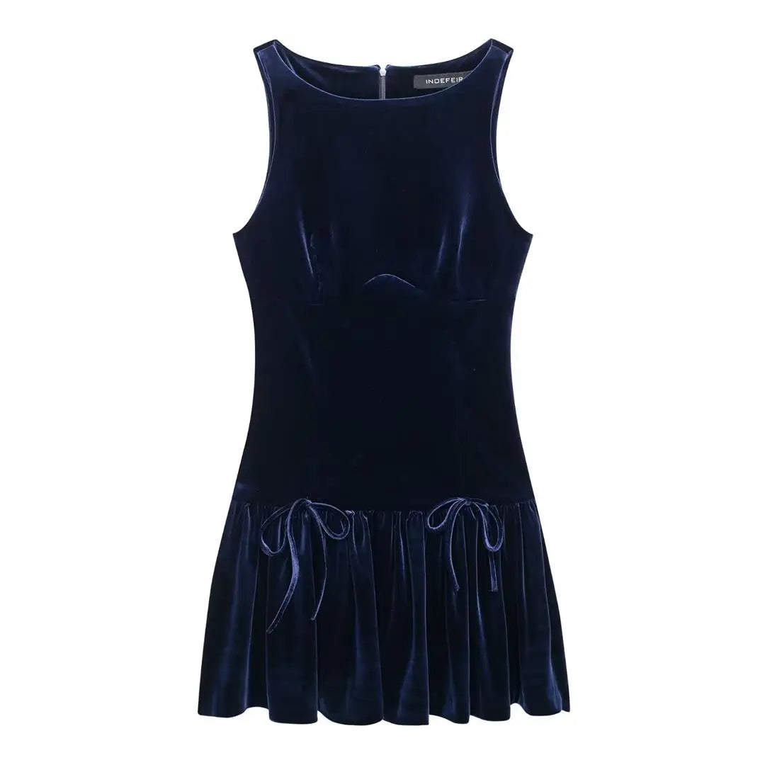 TRAF New Women Bow Pleated Dress 2024 Fashion Chic Sleeveless Casual Mini Dress Female Elegant Back Zipper Short Party Dress - NJN NATURES