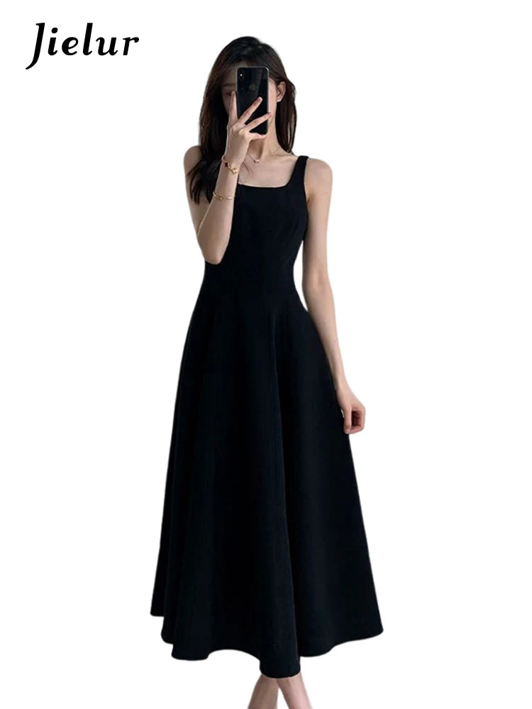 Jielur French Style Black Spaghetti Strap Female Dresses Summer Slim Waist Elegant Evening Women's Dresses Birthday Party Dress - NJN NATURES