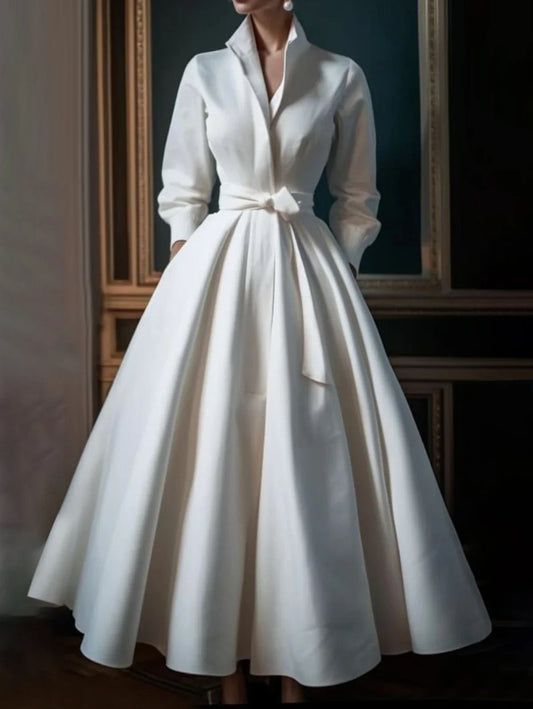 Elegant Women's Dress Casual Solid Color Stand Collar Shirt Mid-Length Waisted Evening Party Dress Women's Long Dress 2024 - NJN NATURES