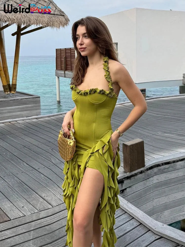 Weird Puss Halter Party Dress Women Backless Chic Irregular Tassel Hem Summer Sexy Birthday Party Split Midnight Club Bodycon - NJN NATURES