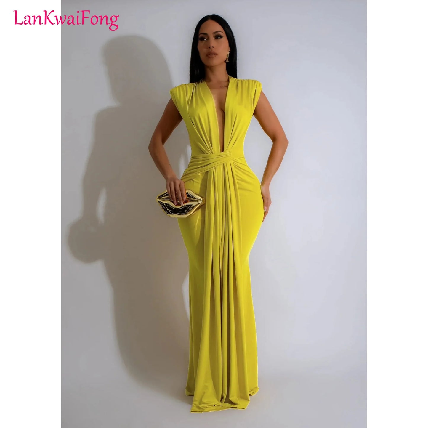 LKF Fashionable Party Dress Sleeveless Deep V Waist Sexy Solid Color Stretch Elegant MIDI Long Evening Dress - NJN NATURES
