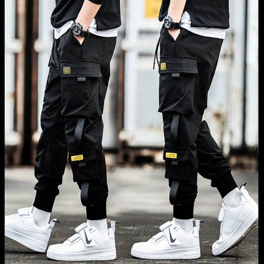 Men's Cargo Pants Casual Hip Hop Hit Color Multiple Pockets Trousers Streetwear Ribbons Techwear Sweatpants - NJN NATURES
