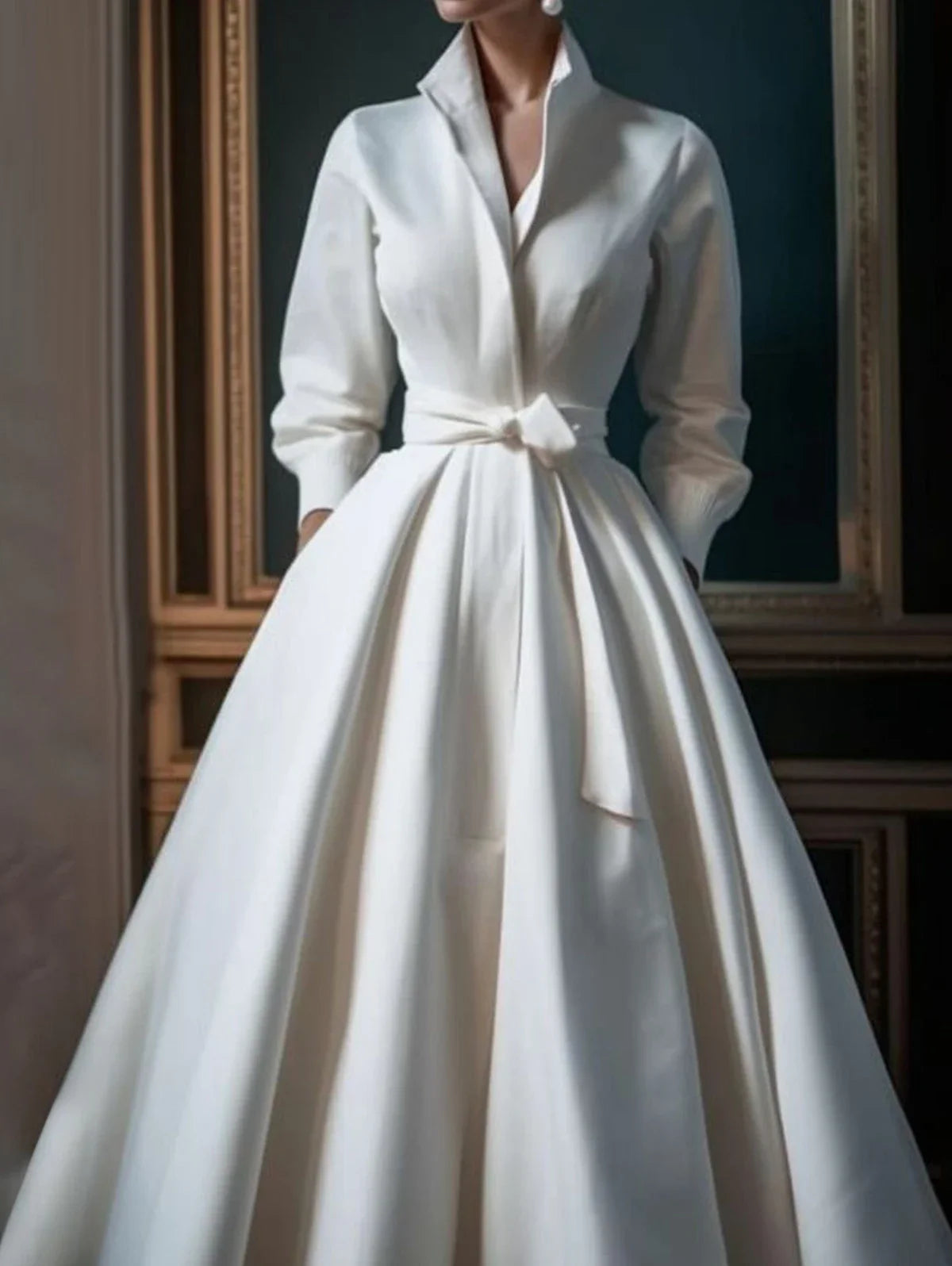 Elegant Women's Dress Casual Solid Color Stand Collar Shirt Mid-Length Waisted Evening Party Dress Women's Long Dress 2024 - NJN NATURES