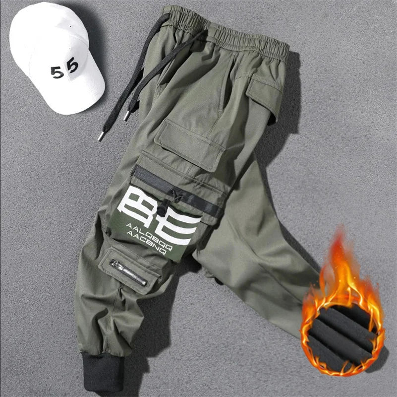 2024 new autumn and winter cashmere thick pants men's solid color loose drawstring fashion casual pants port style cargo pants - NJN NATURES