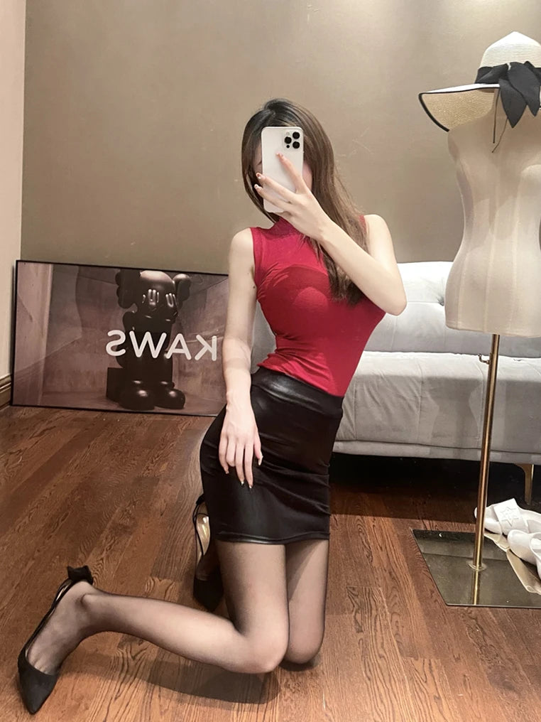 WOMENGAGA Leather Matte Slim Mini Sexy Fashion PU Hot Short High Waist Skirt Korean Nightclub Streetwear Wholesale Clothes 7ST - NJN NATURES