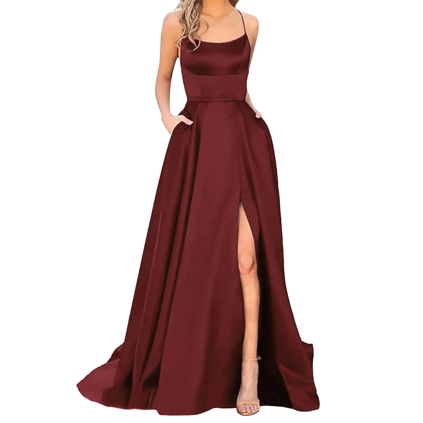 Elegant Hight Split Evening Maxi Dress Sexy Lace-Up Backless Long Dresses Navy Blue Sleeveless High Waist Party Dress - NJN NATURES