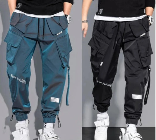 Pantalones Cargo de moda para hombre, ropa de calle con múltiples bolsillos, de chándal sólido, de algodón, informal, Hip Hop - NJN NATURES