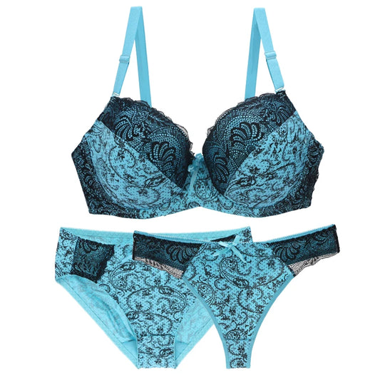 2024 New Sexy Push Up Bra Sets For Women 3 Piece Underwear Transparent BCDEF Cup Beige Black Blue Purple Red White Lingerie - NJN NATURES