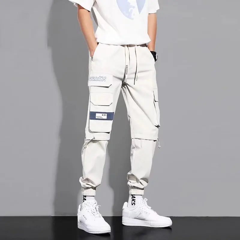 Men's Cargo Pants Casual Hip Hop Hit Color Multiple Pockets Trousers Streetwear Ribbons Techwear Sweatpants - NJN NATURES