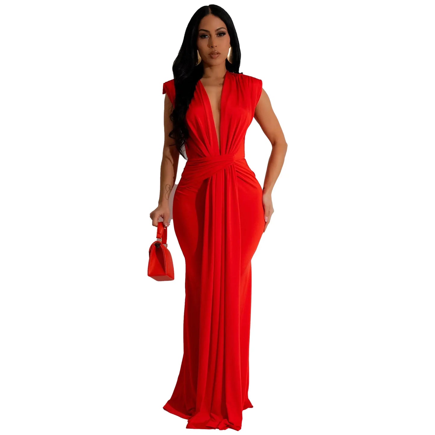LKF Fashionable Party Dress Sleeveless Deep V Waist Sexy Solid Color Stretch Elegant MIDI Long Evening Dress - NJN NATURES