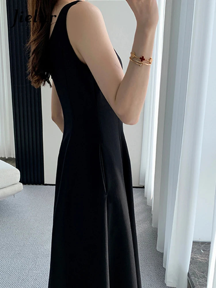 Jielur French Style Black Spaghetti Strap Female Dresses Summer Slim Waist Elegant Evening Women's Dresses Birthday Party Dress - NJN NATURES