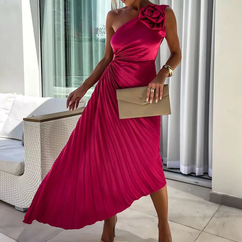 New Asymmetrical Hollow Sleeveless Long Dress Female Casual Off Shoulder Evening Dresses Fashion Floral Pleated Slim Party Dress - NJN NATURES