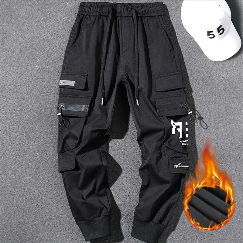 2024 new autumn and winter cashmere thick pants men's solid color loose drawstring fashion casual pants port style cargo pants - NJN NATURES