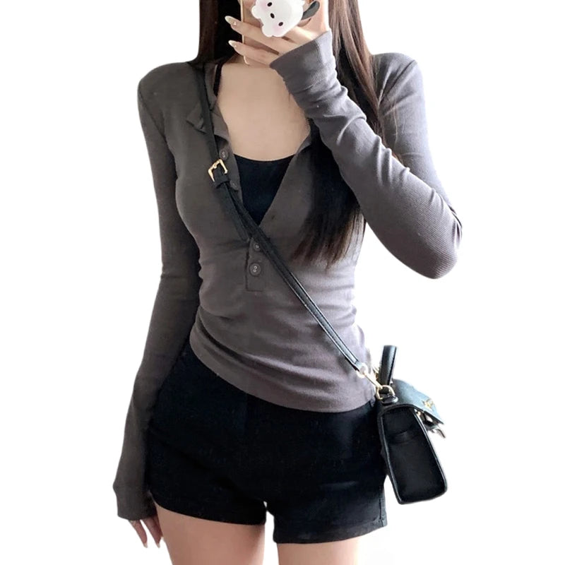 Xingqing y2k Grunge Tops Women Solid Color Slim Fit V Neck Long Sleeve Button Up T Shirt 2000s Fairycore Clothing Streetwear - NJN NATURES