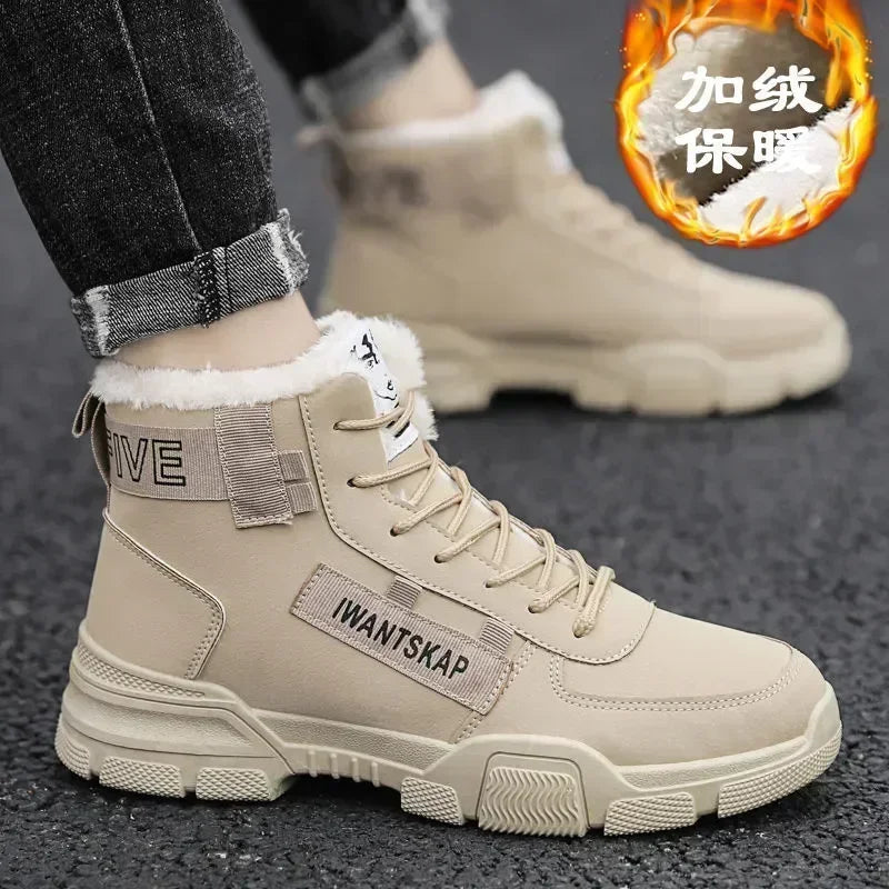 Ankle boots men snow boots winter warm Lace-up men shoes fashion flock plush winter boots men shoe plus size shoes black PU517 - NJN NATURES