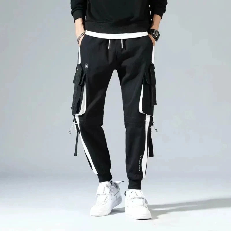 Men's Cargo Pants Casual Hip Hop Hit Color Multiple Pockets Trousers Streetwear Ribbons Techwear Sweatpants - NJN NATURES