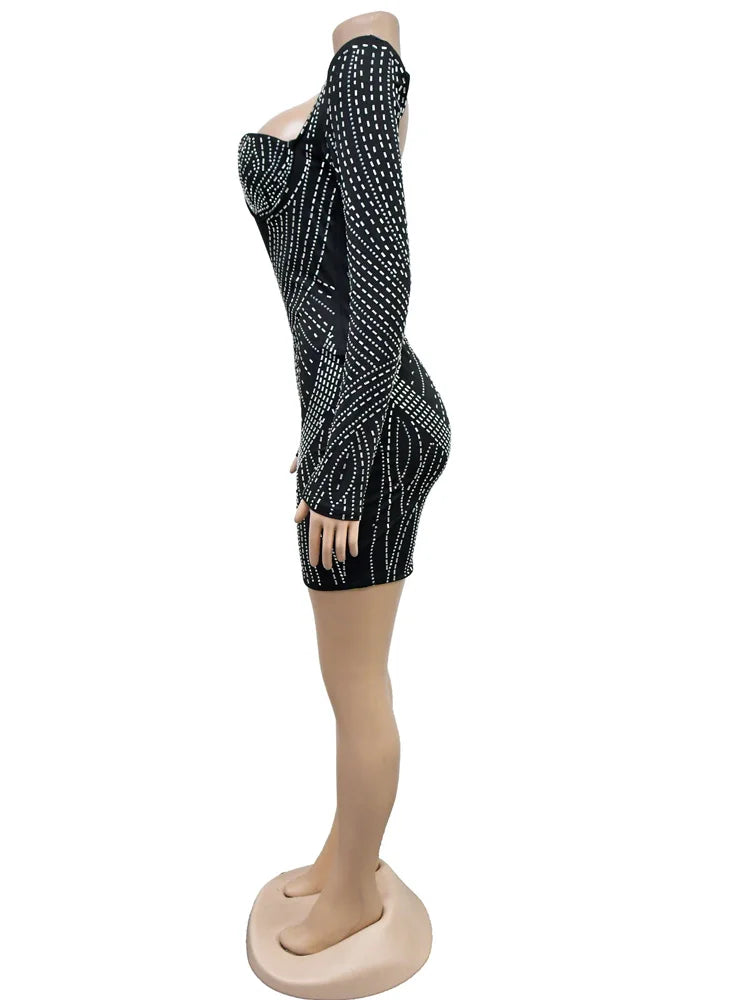 Kricesseen Sparkle Open Back Long Sleeve Diamonds Short Party Dress Glam Mesh Crystal Night Dresses Pink Outfits New Year Robes - NJN NATURES