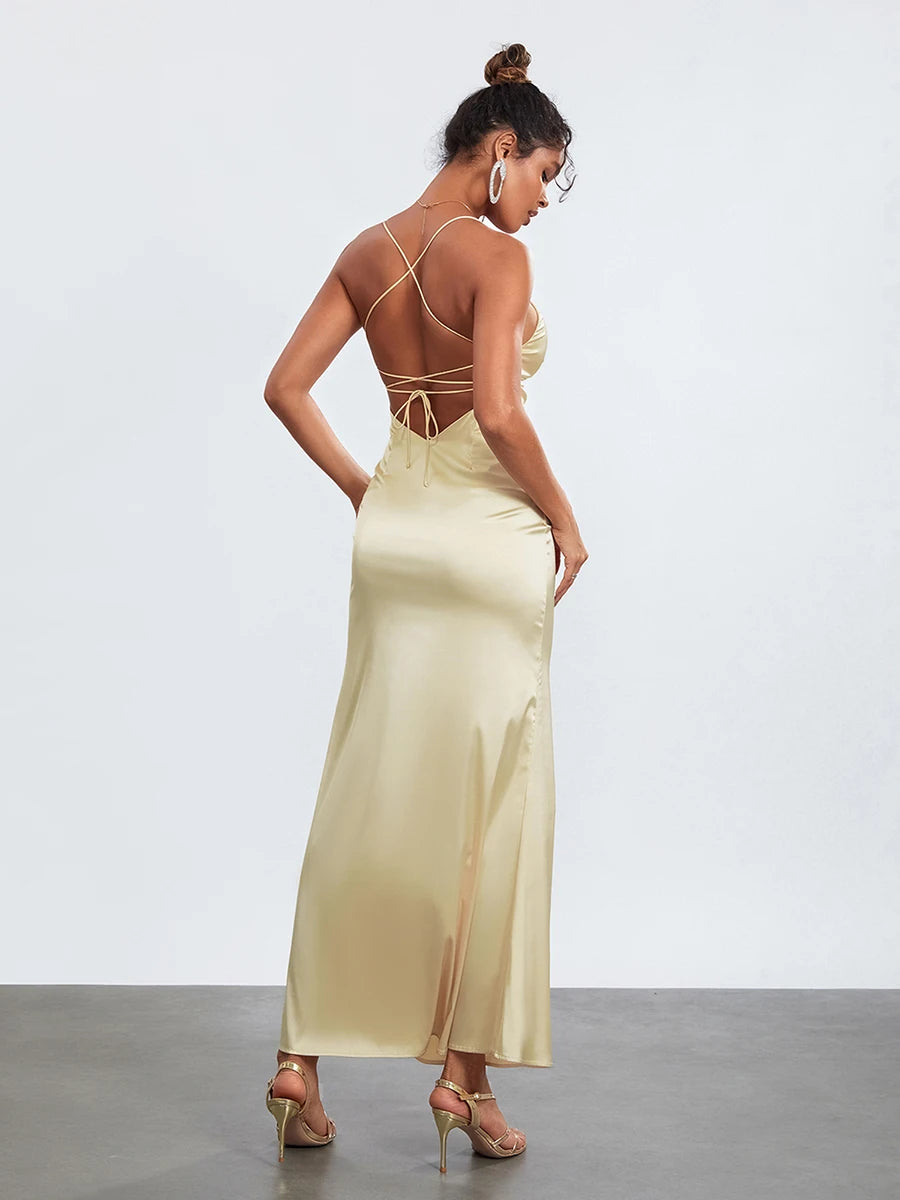 wsevypo Women's Spaghetti Strap Party Dress Backless Cross Tie-up Sleeveless Low Cut Slip Dresses Elegant Evening Gown Vestidos - NJN NATURES