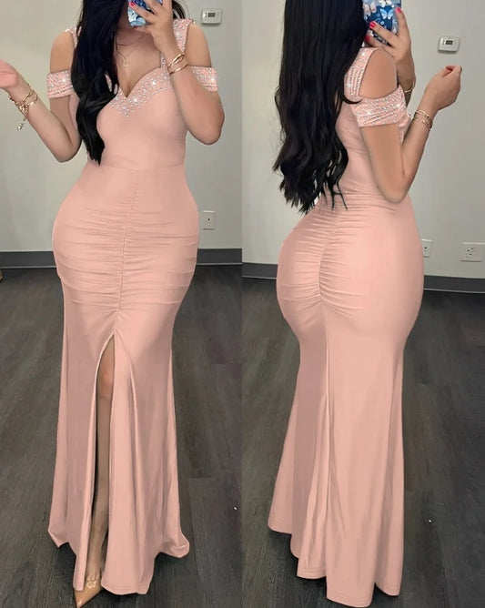 Woman Sexy High Waist Evening Dresses Fashion Women's Clothes Rhinestone Cold Shoulder Slit Ruched Elegant Party Dress for Women - NJN NATURES