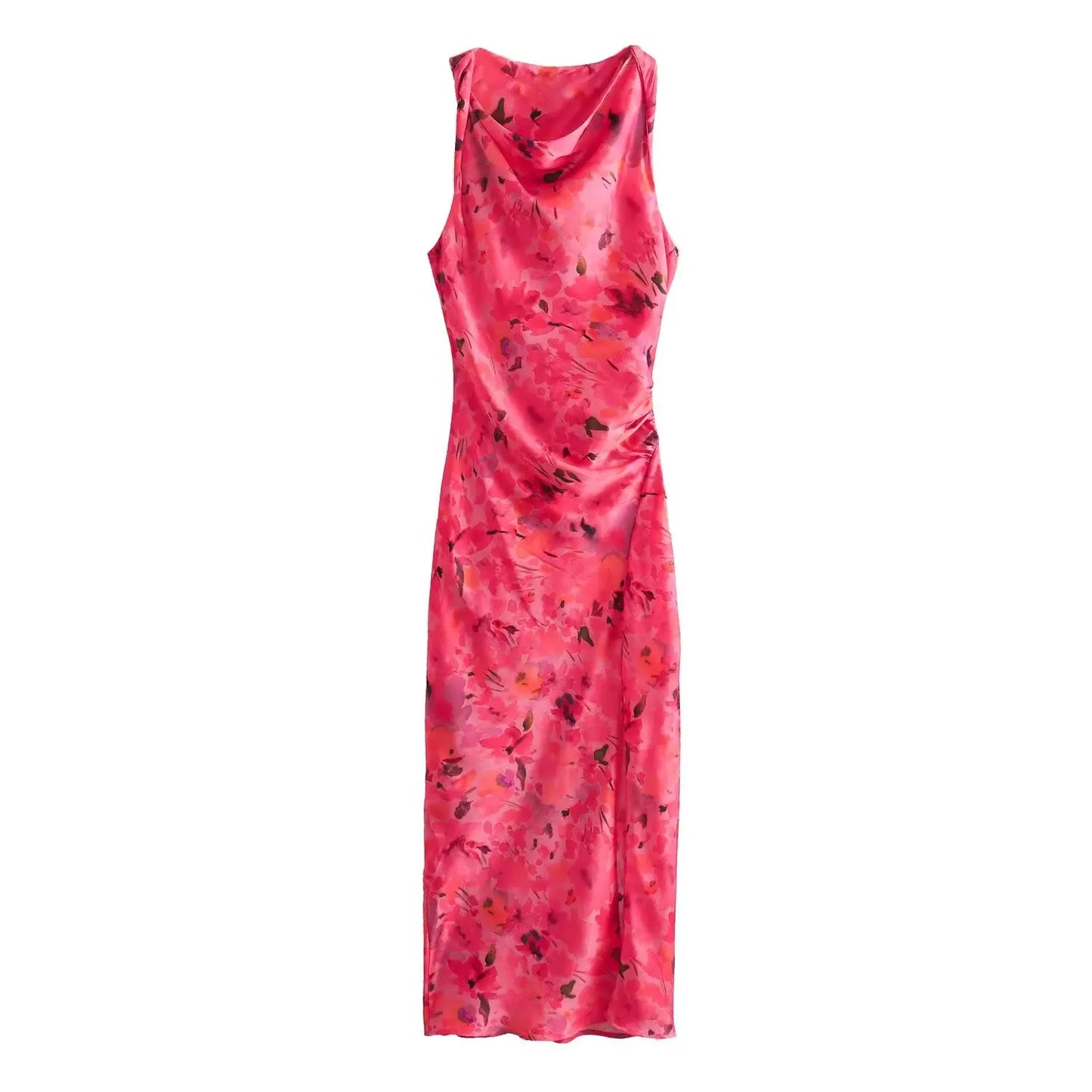 TRAF 2024 New Fashion Woman Vintage Sexy O-Neck Sleeveless Slit Hem Beach Party Dress Women Chic Print Ruffled Long Dress - NJN NATURES