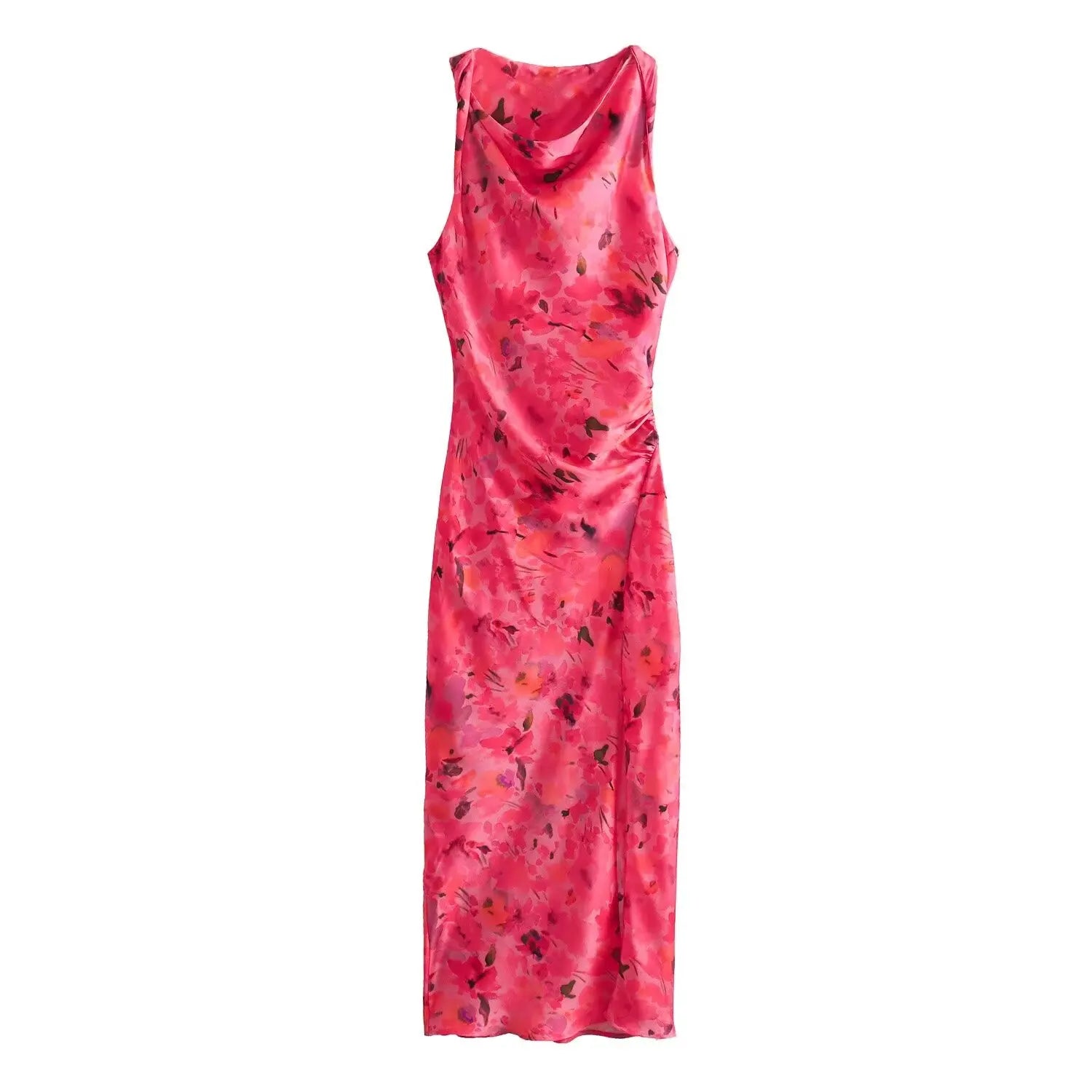 TRAF 2024 New Fashion Woman Vintage Sexy O-Neck Sleeveless Slit Hem Beach Party Dress Women Chic Print Ruffled Long Dress - NJN NATURES