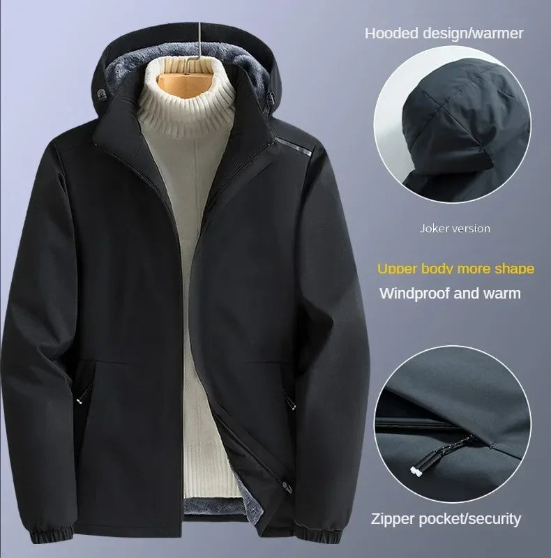 Men's Fleece stormcoat Autumn Winter New Solid Color Simple Loose Outdoor Sports Windproof Hooded Coat Men's Waterproof Jacket - NJN NATURES