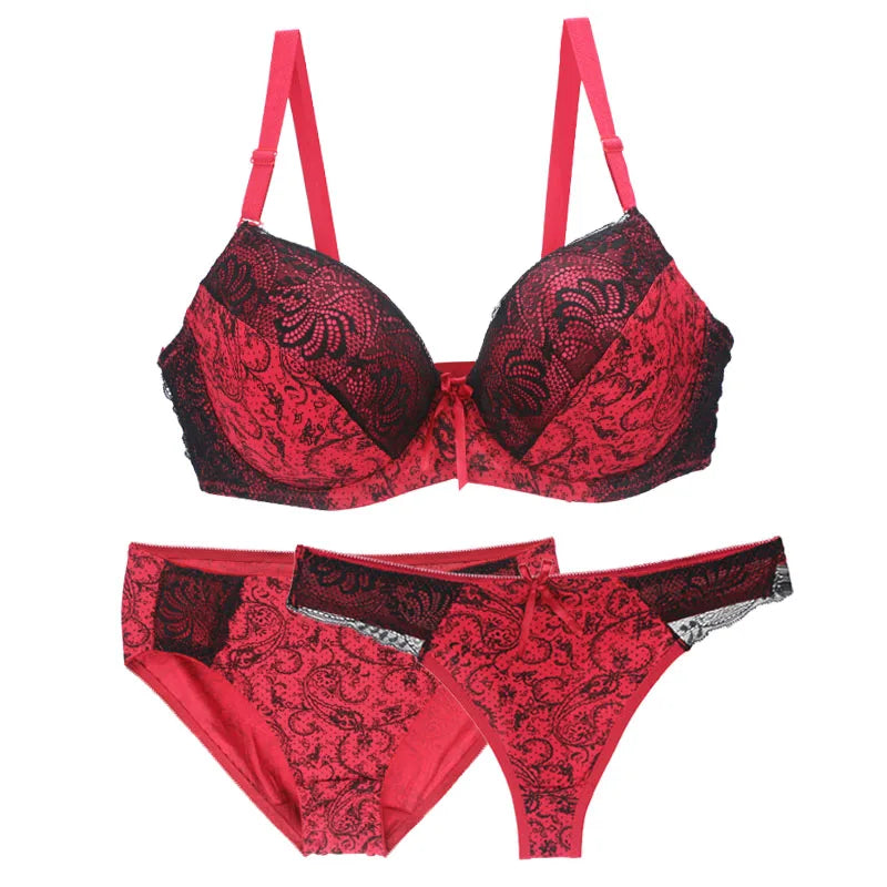 2024 New Sexy Push Up Bra Sets For Women 3 Piece Underwear Transparent BCDEF Cup Beige Black Blue Purple Red White Lingerie - NJN NATURES