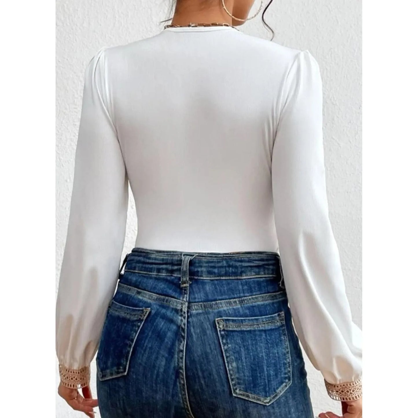 Lace V Neck Bodysuit Blouses Puff Long Sleeves Pullover Fashion Solid Tops Elegant Female Ribbed Body Suit Spring Jumpsuit 2024 - NJN NATURES