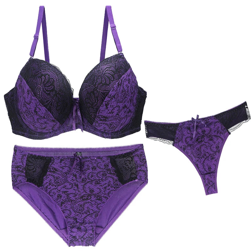 2024 New Sexy Push Up Bra Sets For Women 3 Piece Underwear Transparent BCDEF Cup Beige Black Blue Purple Red White Lingerie - NJN NATURES