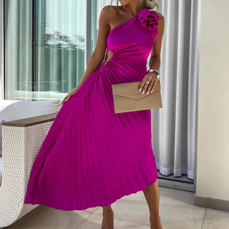 New Asymmetrical Hollow Sleeveless Long Dress Female Casual Off Shoulder Evening Dresses Fashion Floral Pleated Slim Party Dress - NJN NATURES