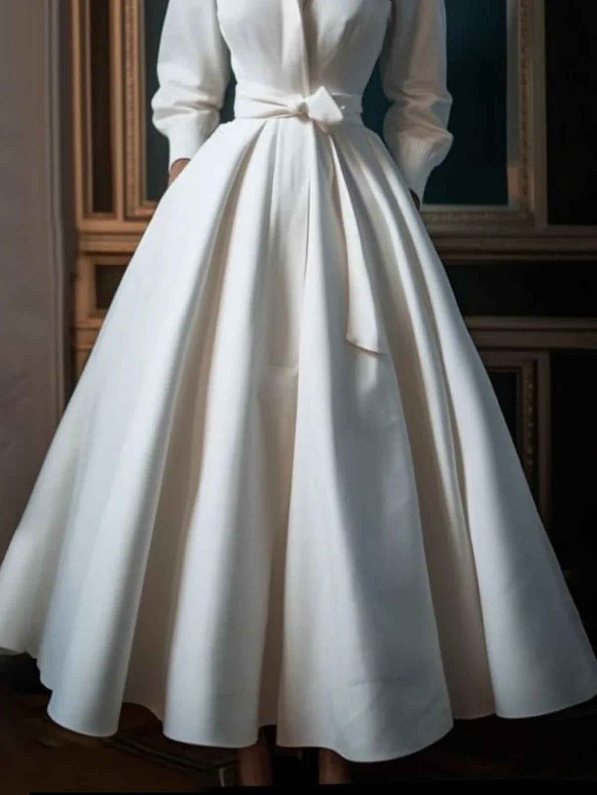 Elegant Women's Dress Casual Solid Color Stand Collar Shirt Mid-Length Waisted Evening Party Dress Women's Long Dress 2024 - NJN NATURES