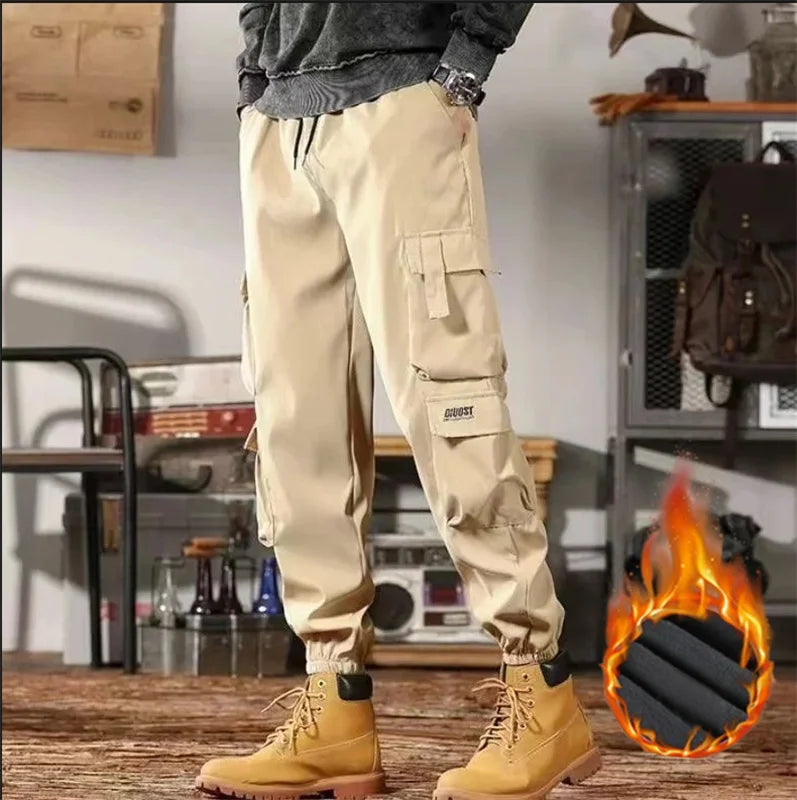 2024 new autumn and winter cashmere thick pants men's solid color loose drawstring fashion casual pants port style cargo pants - NJN NATURES