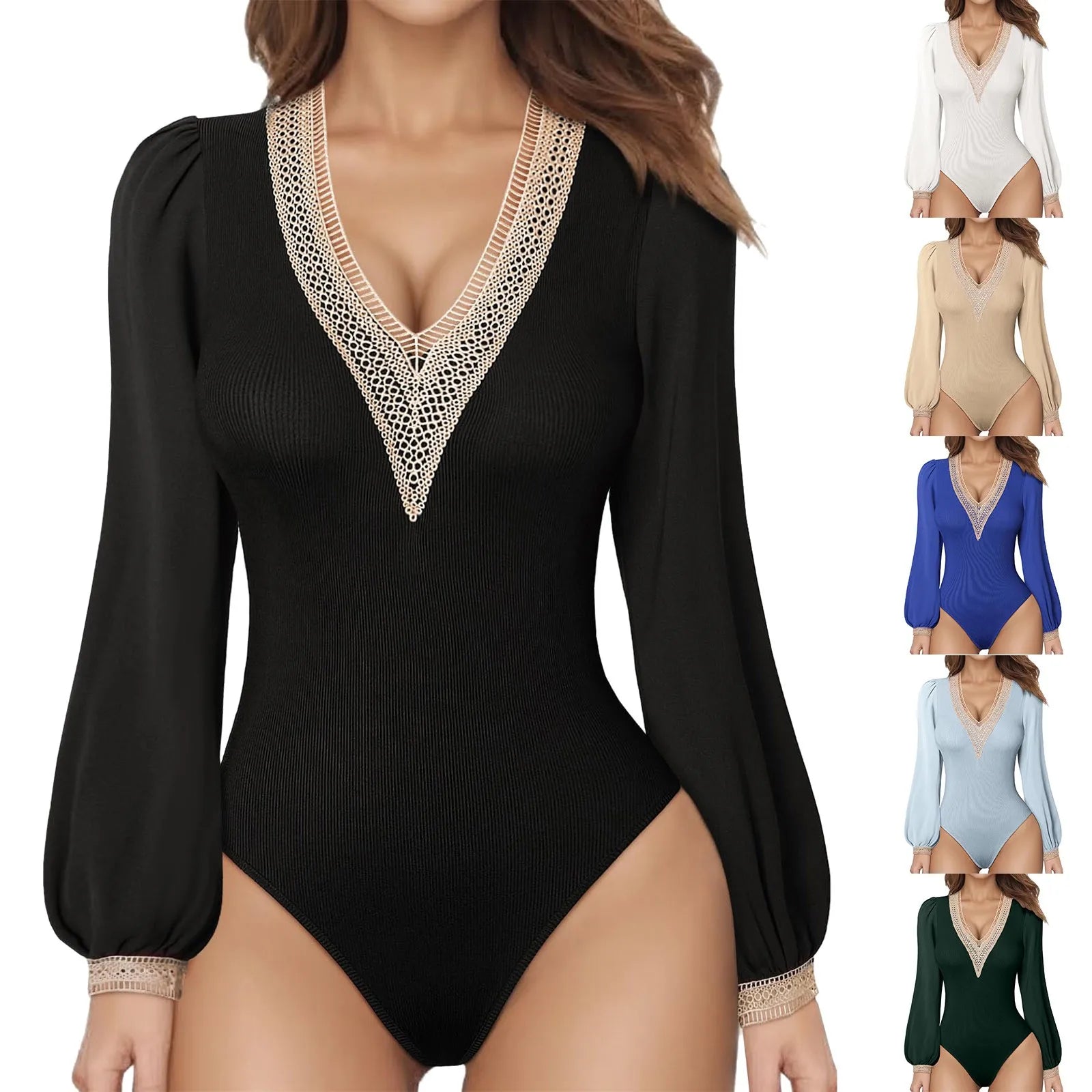 Lace V Neck Bodysuit Blouses Puff Long Sleeves Pullover Fashion Solid Tops Elegant Female Ribbed Body Suit Spring Jumpsuit 2024 - NJN NATURES