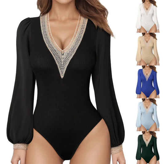 Lace V Neck Bodysuit Blouses Puff Long Sleeves Pullover Fashion Solid Tops Elegant Female Ribbed Body Suit Spring Jumpsuit 2024 - NJN NATURES