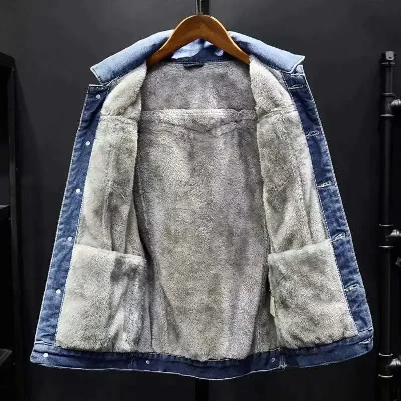 Thickened Fleece-lined Denim Jacket Men's Loose Fit Warm Work Clothes Trendy Korean Style Versatile Casual Wear - NJN NATURES