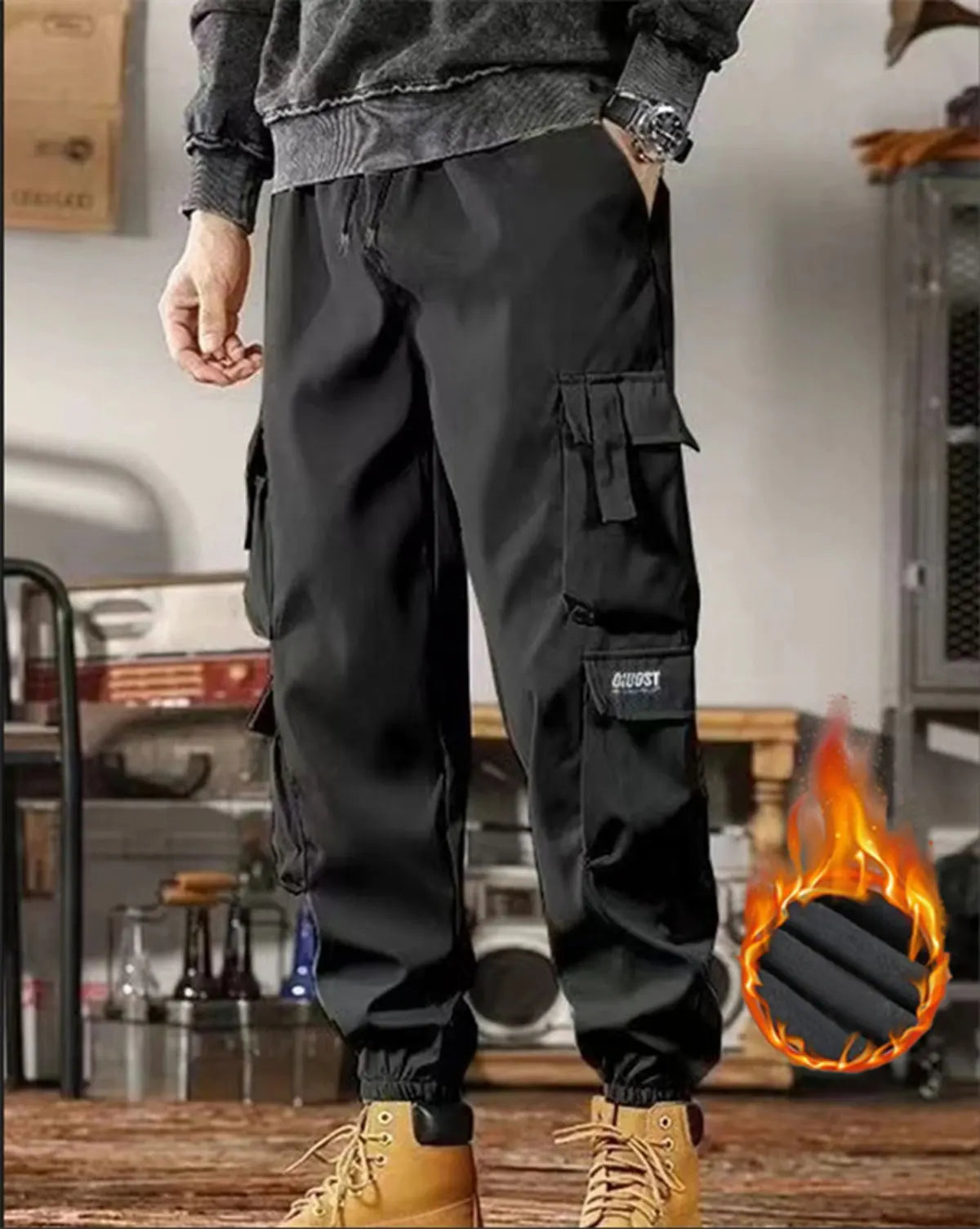 2024 new autumn and winter cashmere thick pants men's solid color loose drawstring fashion casual pants port style cargo pants - NJN NATURES