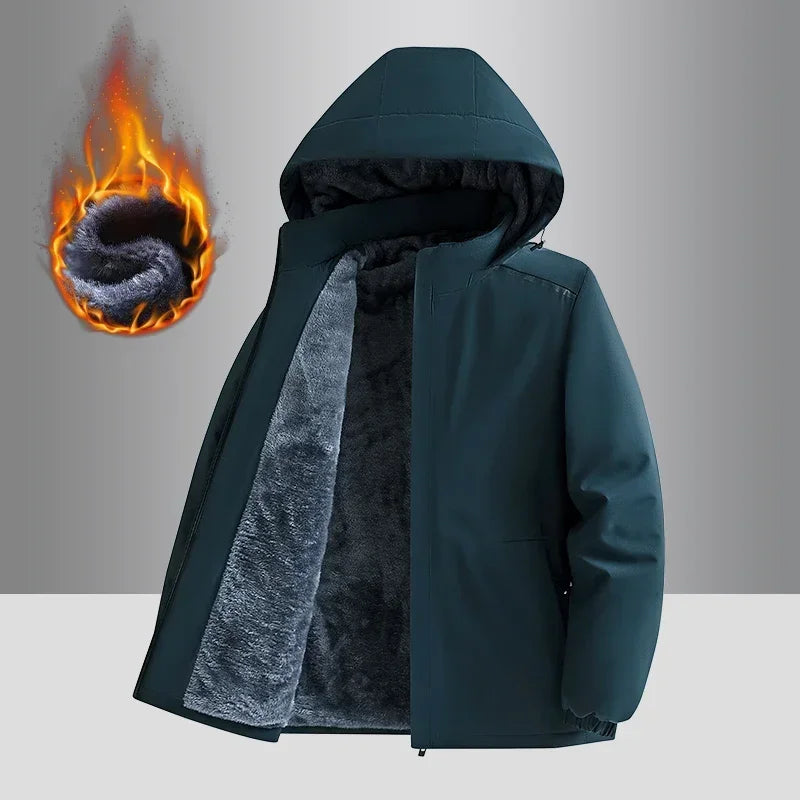 Men's Fleece stormcoat Autumn Winter New Solid Color Simple Loose Outdoor Sports Windproof Hooded Coat Men's Waterproof Jacket - NJN NATURES